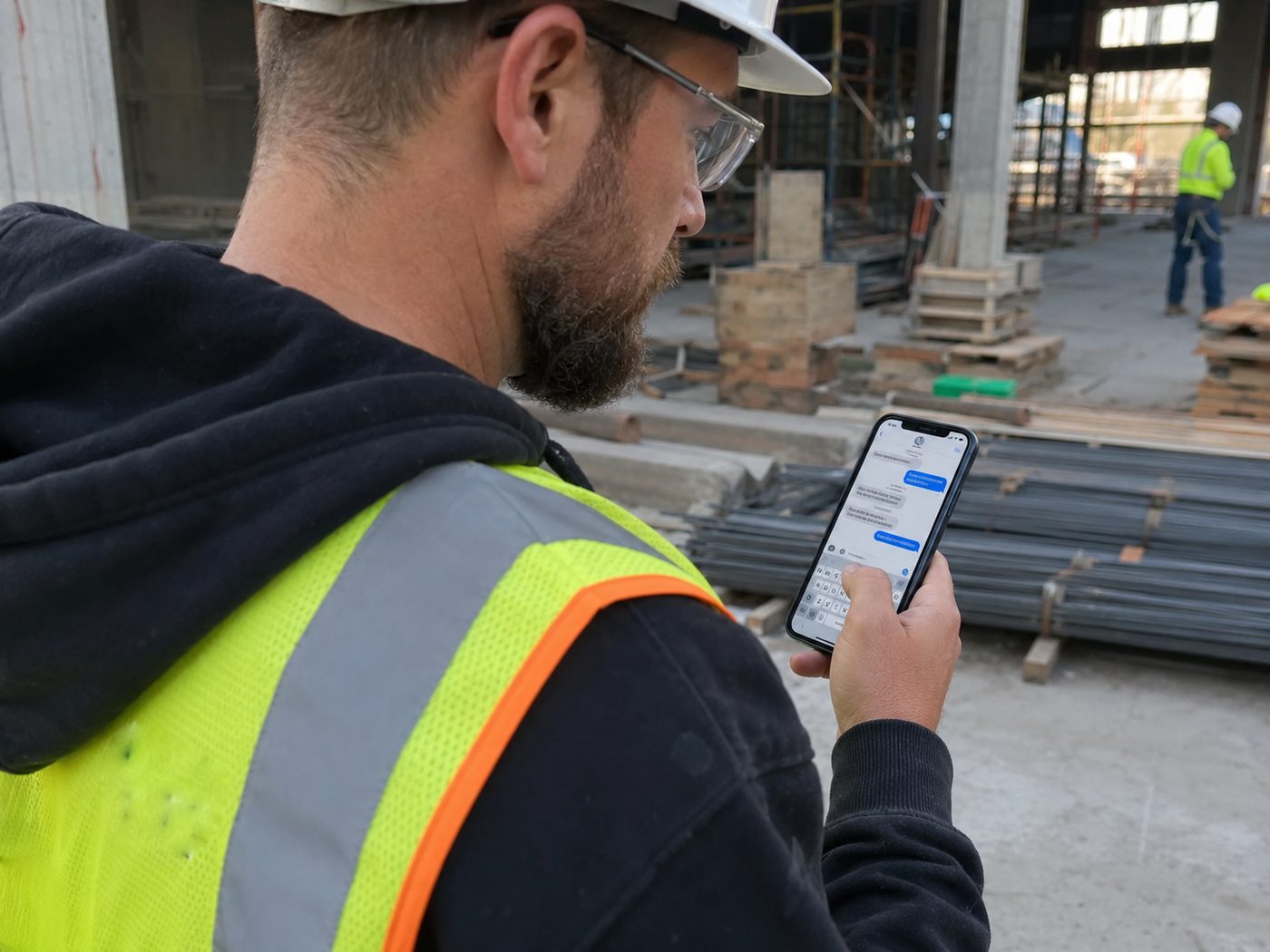 A person in work clothes typing a text message one-handed at a job site.