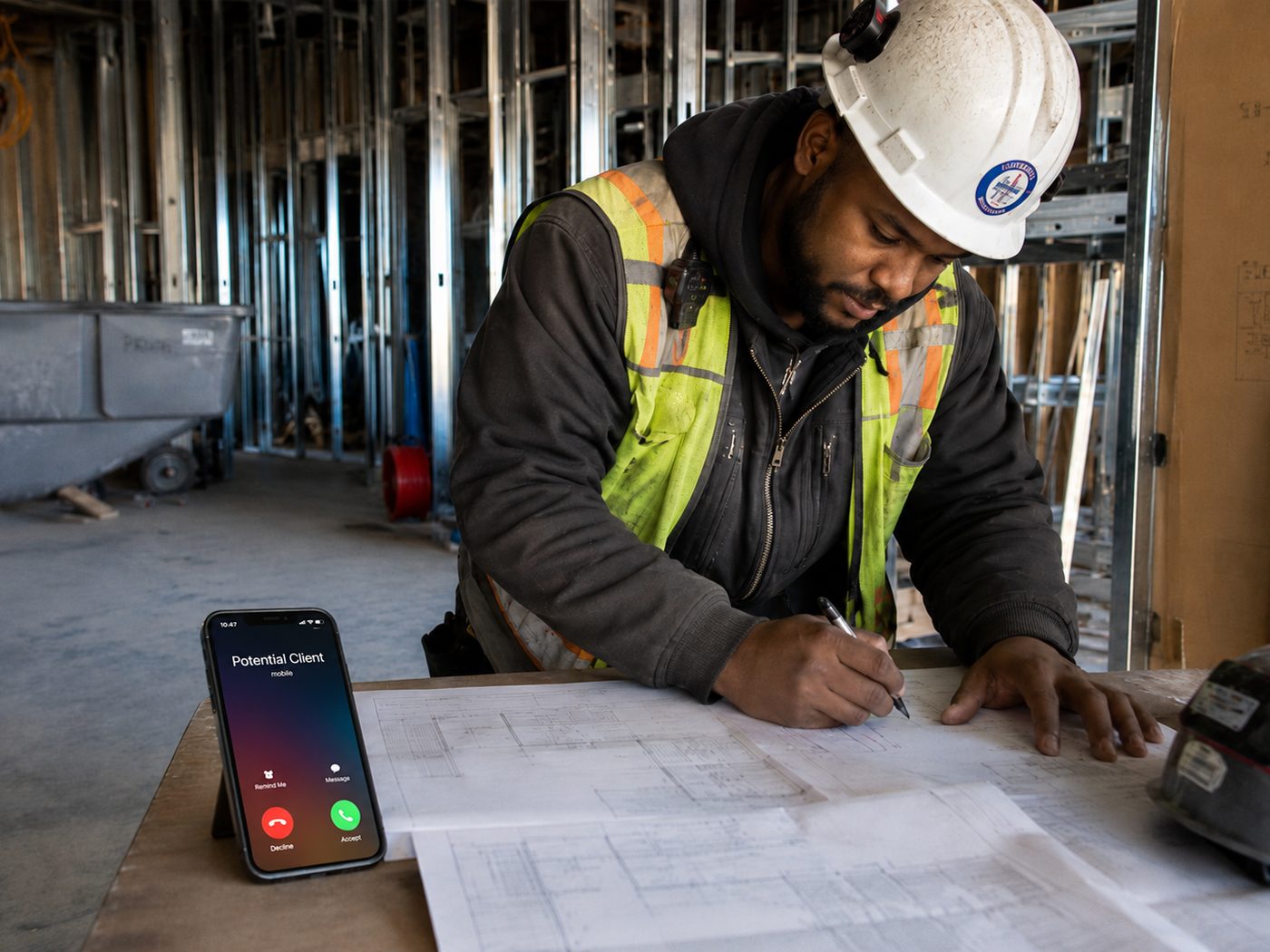 A phone propped on a work table showing an incoming call, while the person beside it keeps working.